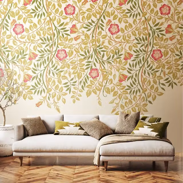 Origin Murals Cascading Rosehip Floral Wall Mural in Pink, Yellow and Multicolour Art Nouveau Style