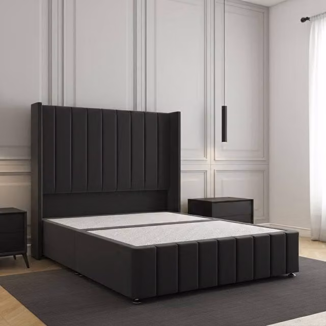 Regional Furnishings Super King Divan Bed with 54 inch Headboard and 12 inch Footboard in Black Velvet Fabric