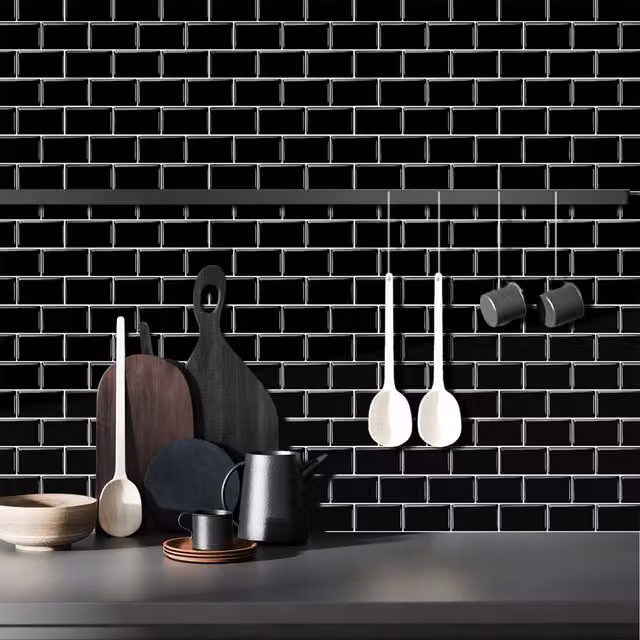 Livingandhome 10-Piece Black Self-Adhesive Glossy Tile-Look Backsplash Wall Tiles for Kitchens