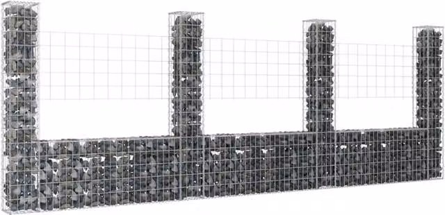 Berkfield Home U-shape Silver Steel Gabion Basket with 4 Posts, W/D/H: 380 x 20 x 150 cm