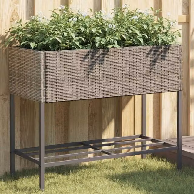Berkfield Home Garden Planter with Shelf in Grey Poly Rattan
