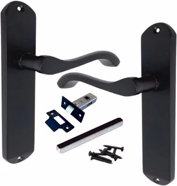 Cadenza Victorian Scroll Lever Door Handle Set with Tubular Latch in Matt Black Zinc Alloy