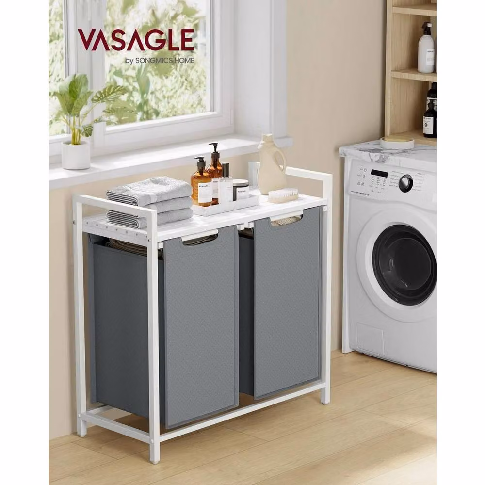 Kelvenix Grey Dirty Laundry Basket with 2 Compartments and Removable Bag – 3