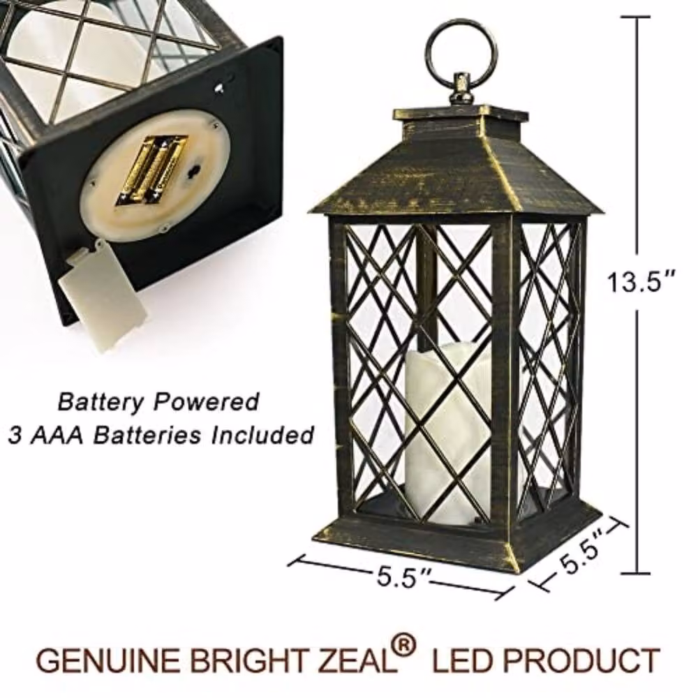 Bright Zeal Set of 2 Black and Gold Decorative Pillar Candle Lanterns with Timer and Flicker Effect, Height: 34 cm – 6