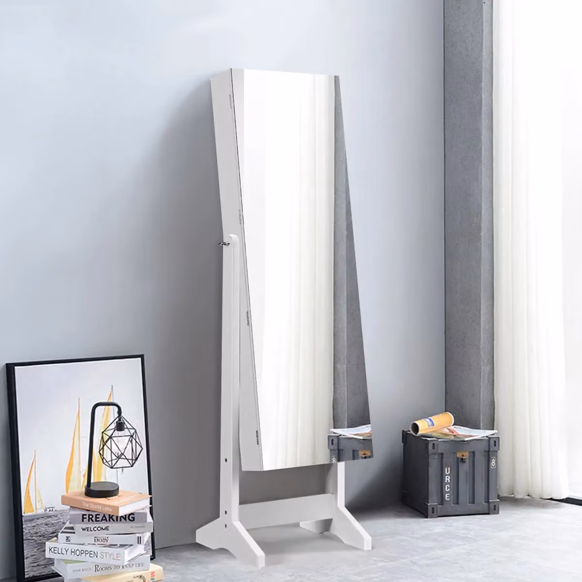 Costway Freestanding Jewelry Armoire with Full-Length Mirror and Lock in White – 3