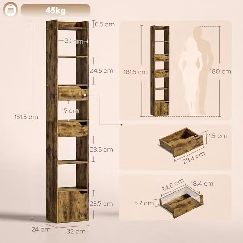 HOMCOM 5-Tier Bookcase with Drawers and Cabinet in Rustic Brown – 3