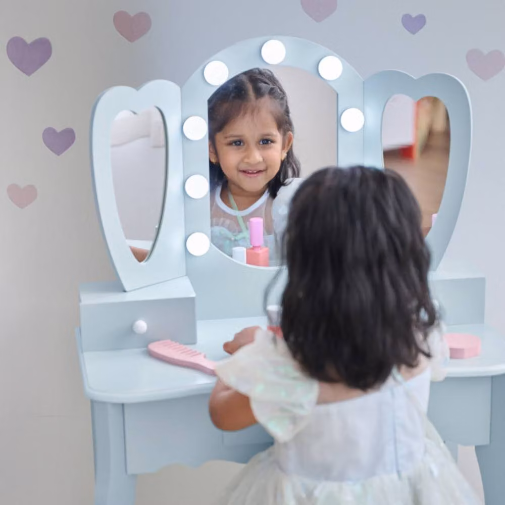Teamson Kids Heart Vanity Table with LED Mirror, Stool and Drawers in Light Blue – 2