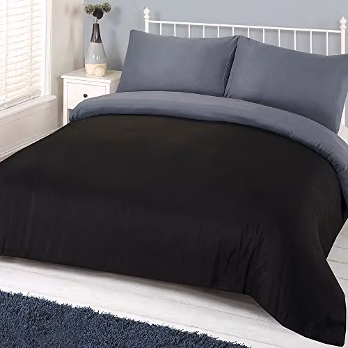 Brentfords Reversible Plain Dyed Microfibre Duvet Cover and Pillowcase Set, Black and Grey, W: 230 cm, H: 230 cm, L: 220 cm – 2