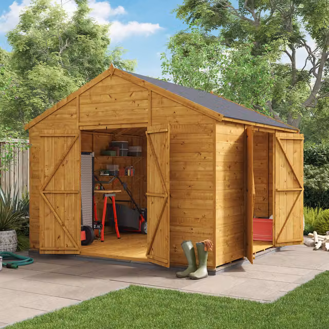 BillyOh Rustic Brown Wooden Apex Workshop with Dual Entrance and Floor, W/D/H: 304.8 x 275.8 x 213.4 cm