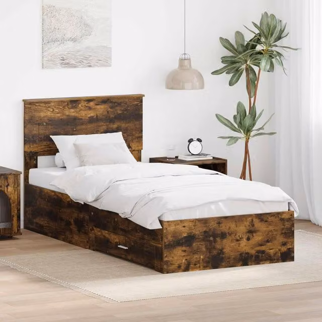 Berkfield Home Modern Bed Frame in Smoked Oak and Silver, W: 75 cm x L: 190 cm