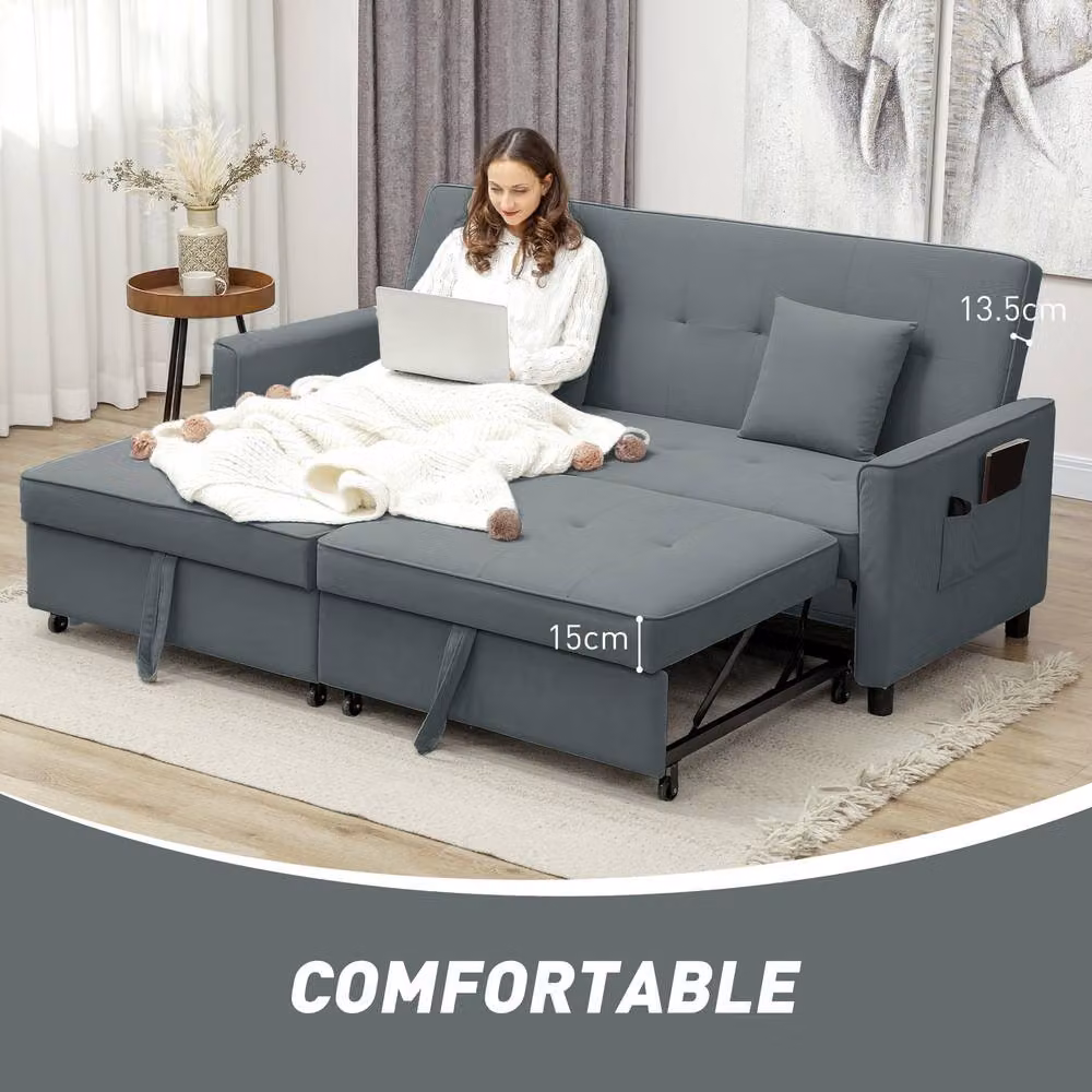 ERGOVEXA Three-Person Velvet Grey Click-Clack Sofa Bed with Adjustable Headrest and Scatter Cushions, W/D/H: 196 x 89 x 90 cm, Sleeping Area: 140 x 200 cm – 5