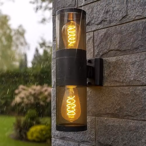 Netlighting Globo Lighting Up and Down Modern Cylinder Outdoor Wall Lamp in Black Stainless Steel, H 38 cm, 2x E27 Sockets, IP44 – 3