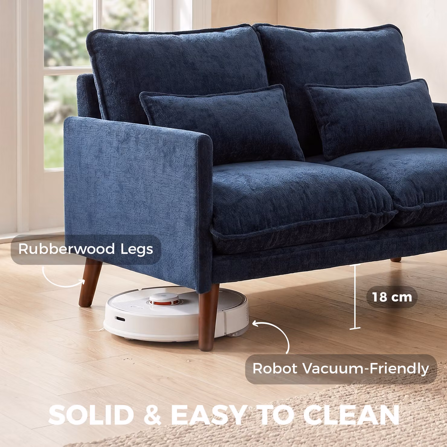 HOMCOM Blue Velvet 2 Seater Sofa with Scatter Cushions and Rubberwood Legs – 6
