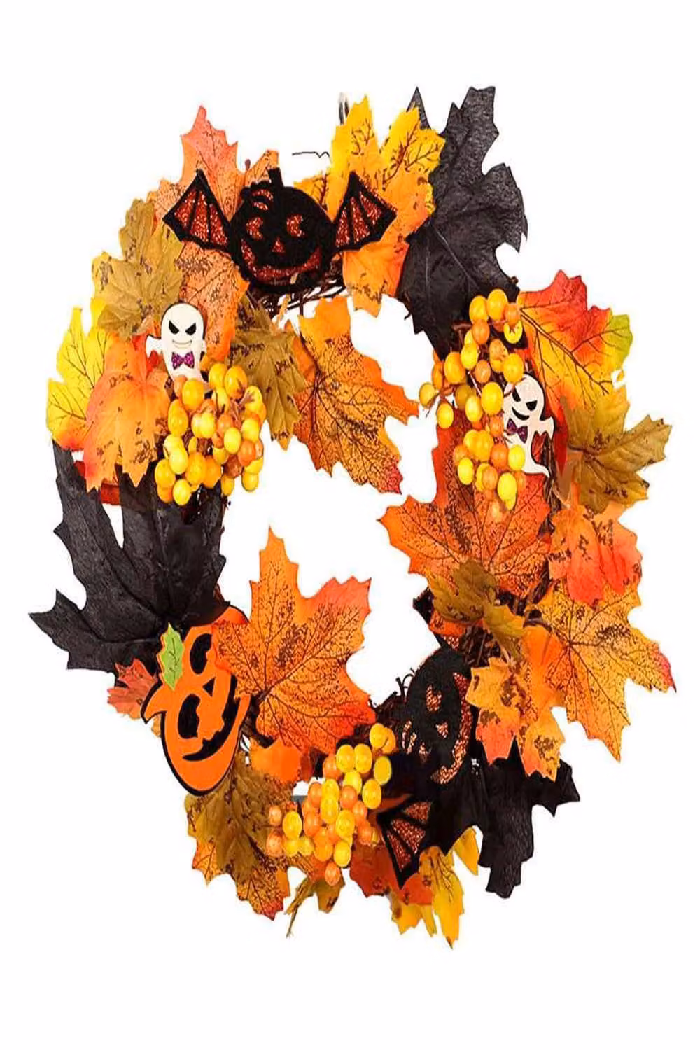 Garden Sanctuary Orange Halloween Decoration Wreath with LED Lights and Floral Leaves – 3