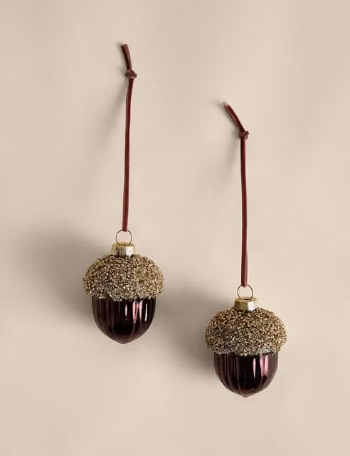 M&S Gold Glass Beaded Acorn Christmas Baubles, 2 Pack