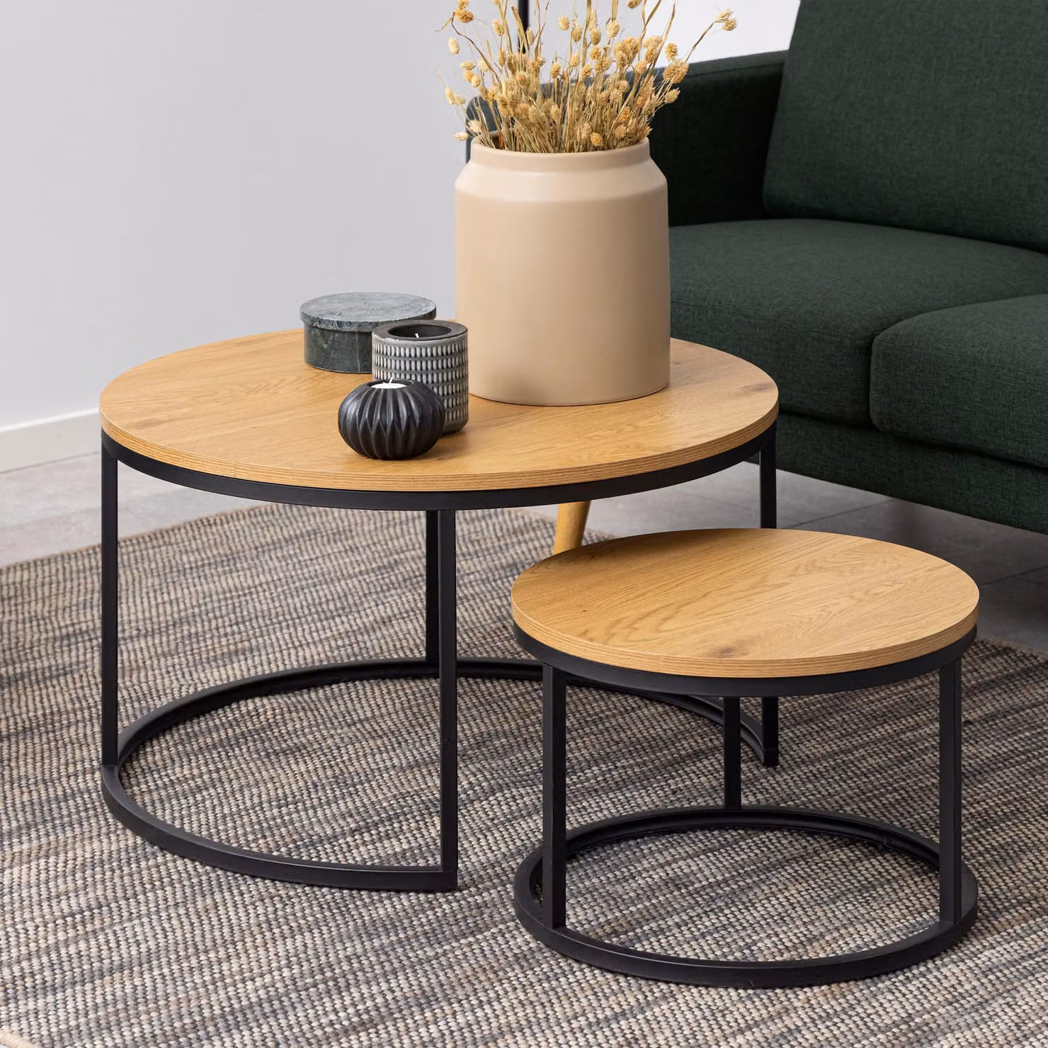 Furniture To Go Spiro Round Nested Coffee Table Set with Oak Top and Black Legs – 3