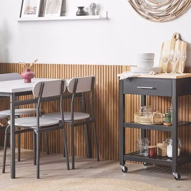 Wyld and Coco Black Modern Kitchen Trolley with Rubberwood Top and MDF Body, W/D/H: 58 x 40 x 85 cm