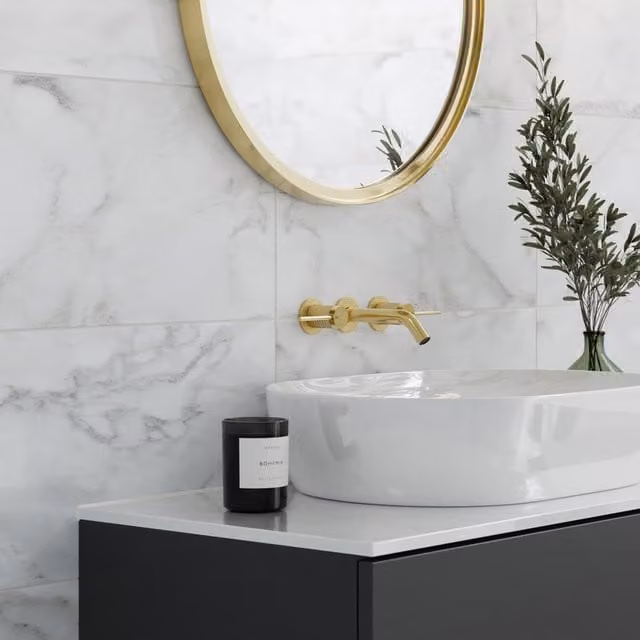 Johnson Tiles Bianco Marble Satin Rectified Wall Tile Sample in Beige, Grey and White