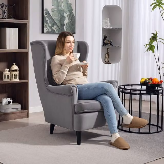 HOMCOM Modern Grey Velvet Wingback Accent Chair with Solid Wood Legs