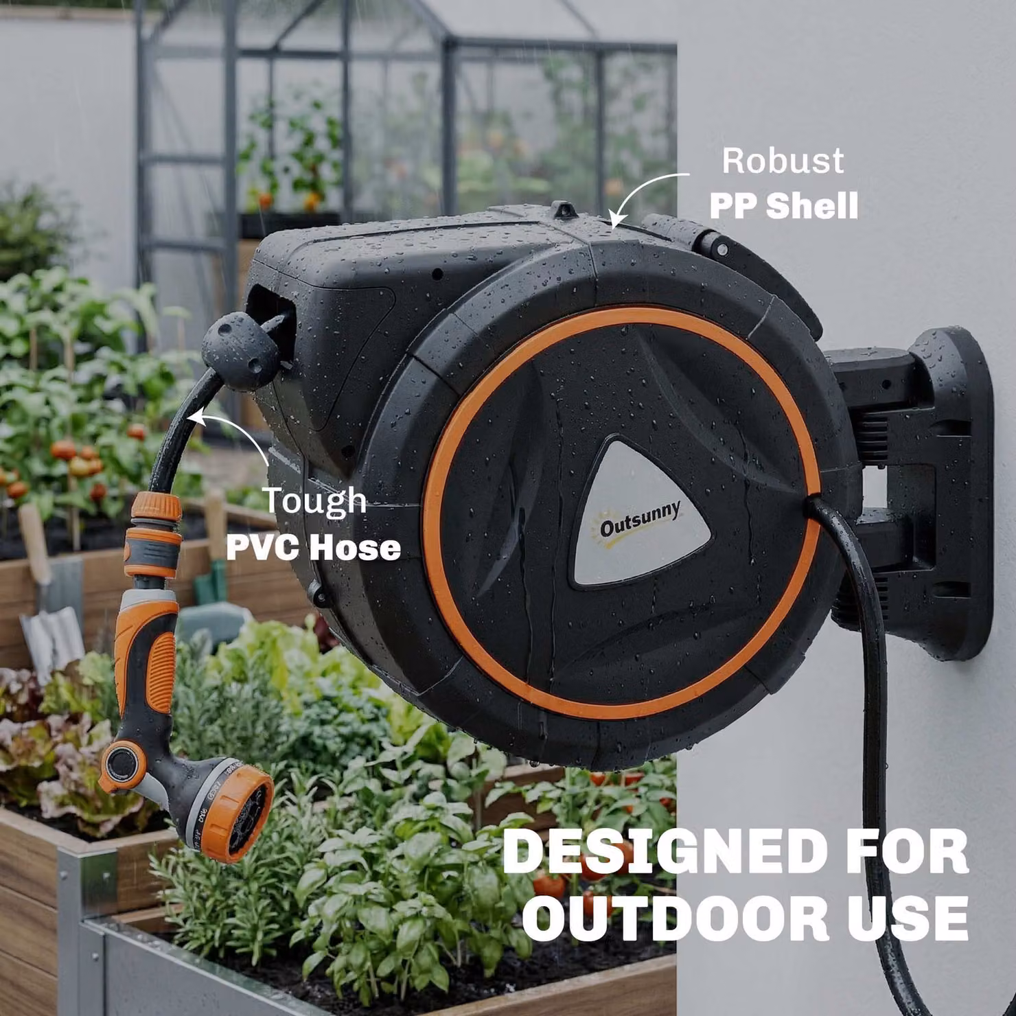 Outsunny Wall Mounted Retractable Hose Reel in Black with Auto Retraction and 12-Pattern Nozzle – 8