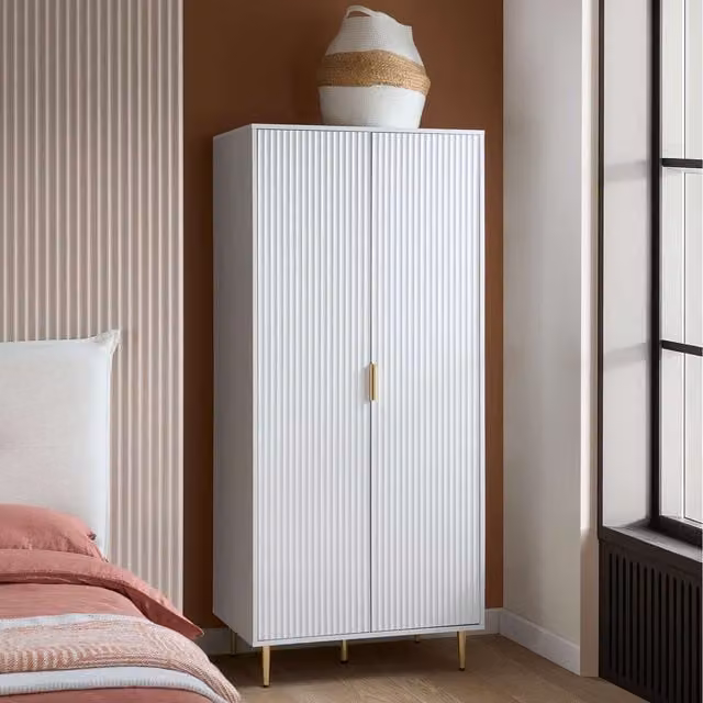 Birlea Modern White and Gold Wardrobe with Hinged Doors and Full Hanging Space