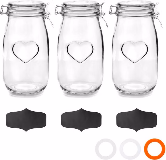 Nicola Spring Heart Glass Storage Jars with Labels, 1.5 l, Clear with Orange Seal