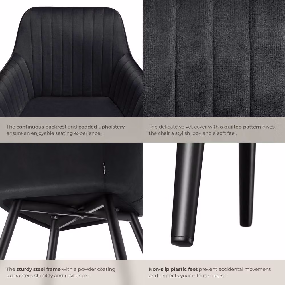 tectake Marilyn Set of 6 Black Velvet Dining Chairs with Armrests – 5