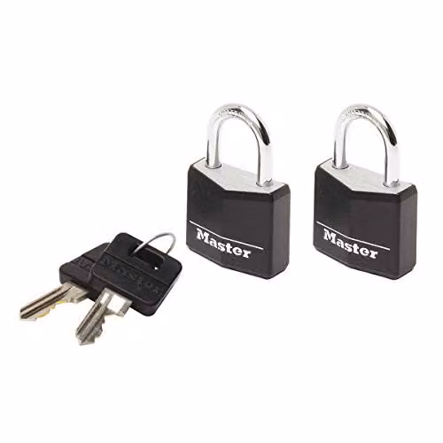Master Lock Pack of 2 Aluminium Key Padlocks with Vinyl Cover, Black, W/D/H: 3.4 x 1.4 x 3.4 cm