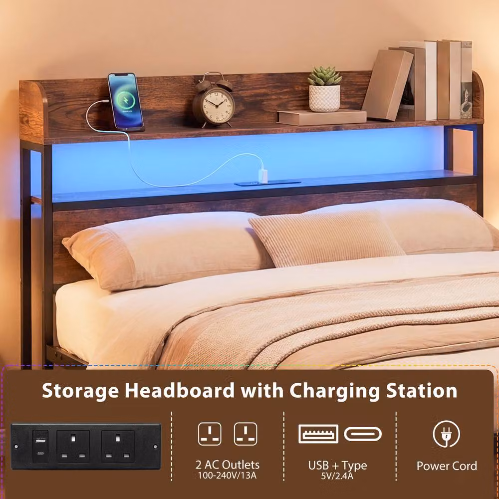 Gymax King Size Platform Bed Frame in Brown with LED Lights, USB Charging Ports and Storage Headboard – 4