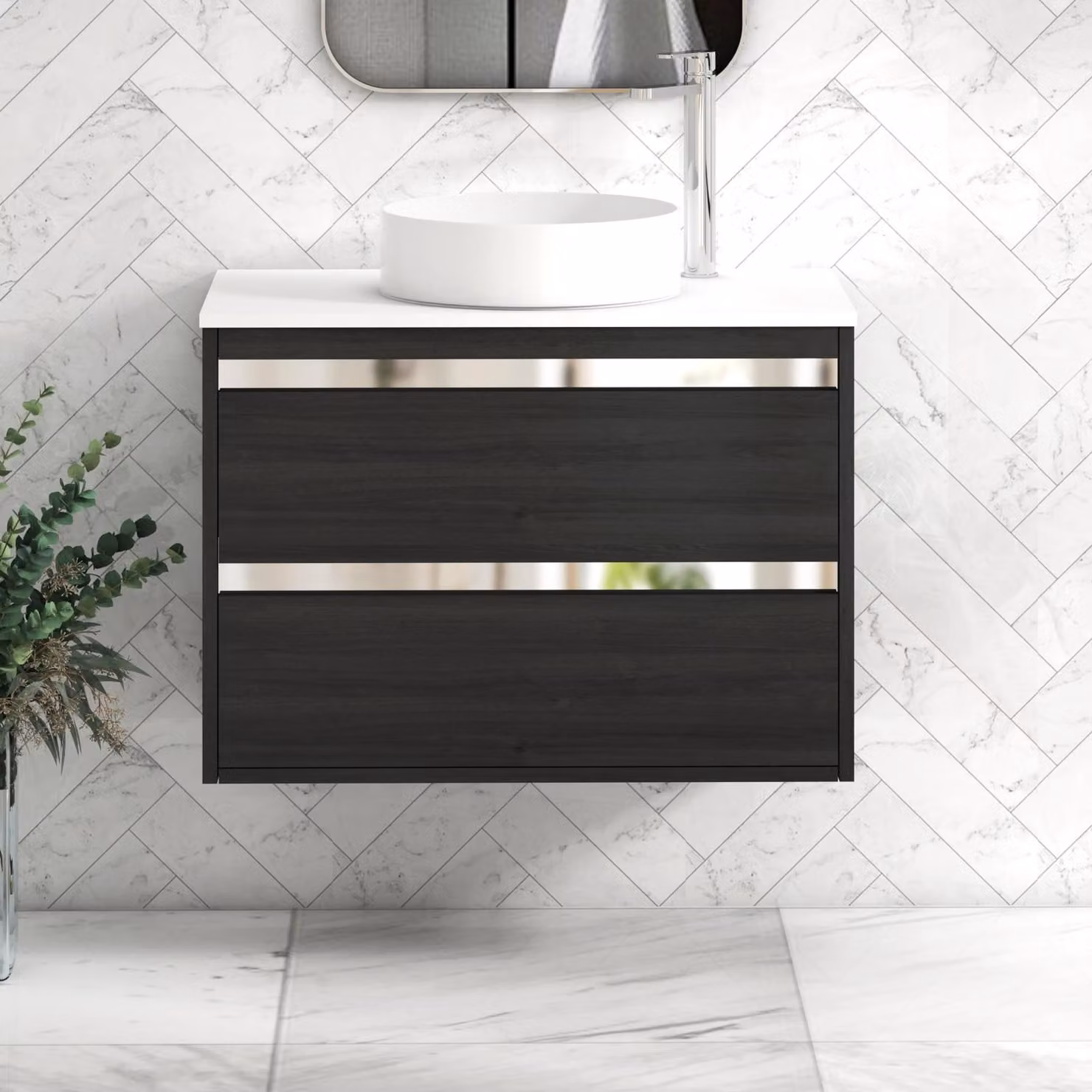 Royal Bathrooms Orion 800mm Hale Black Wall Hung Vanity Unit with 2 Drawers and Plain White Undrilled Worktop