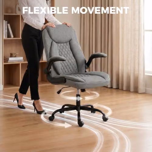 HOMCOM Modern Grey Fabric Task Chair with Swivel and Armrests for Home Office – 7