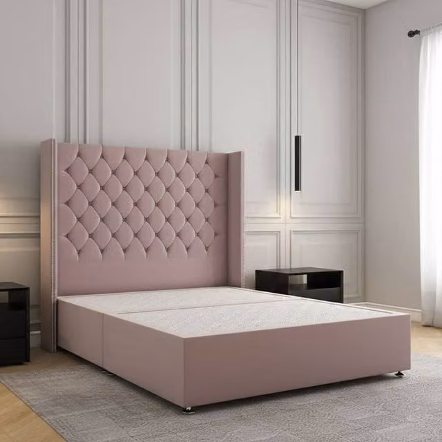 REGIONAL FURNISHINGS Super King Plush Velvet Divan Bed with 54 inch Headboard in Pink, W/D/H: 200 x 200 cm