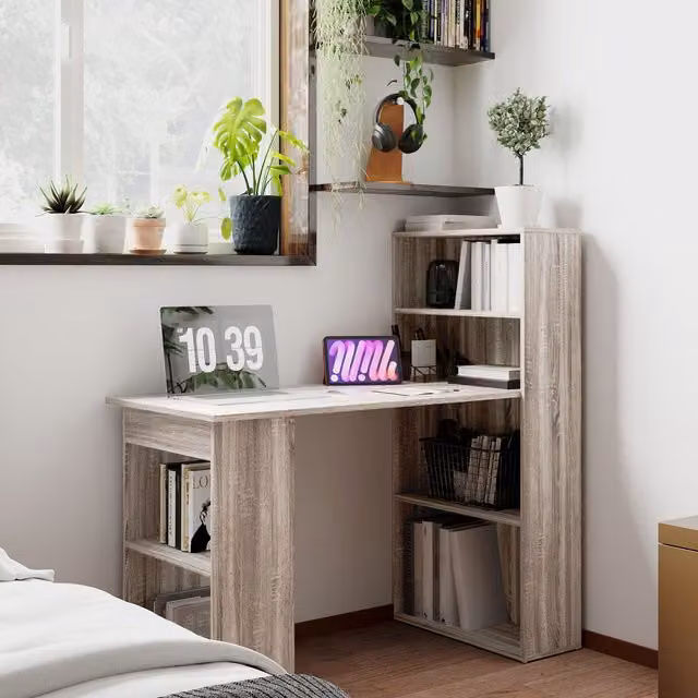 HOMCOM Grey Computer Desk with 6-Tier Bookshelf, Modern Wooden Writing Workstation for Home Office, W: 120 cm, D: 55 cm, H: 24 cm – 1