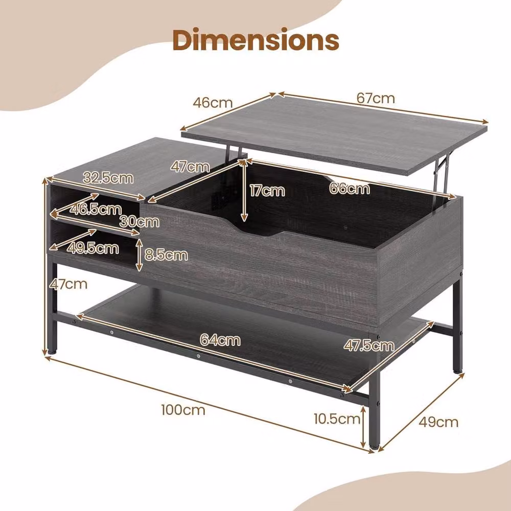 Hinsinc Lift Top Coffee Table with Storage Shelf in Grey – 2