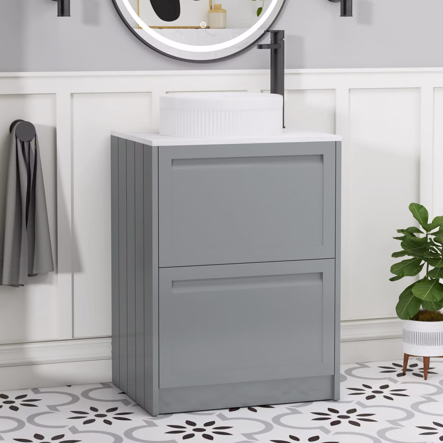 Royal Bathrooms Elmore Floor Standing Countertop Vanity Unit with 2 Drawers and Round Basin, Matt Pebble Grey