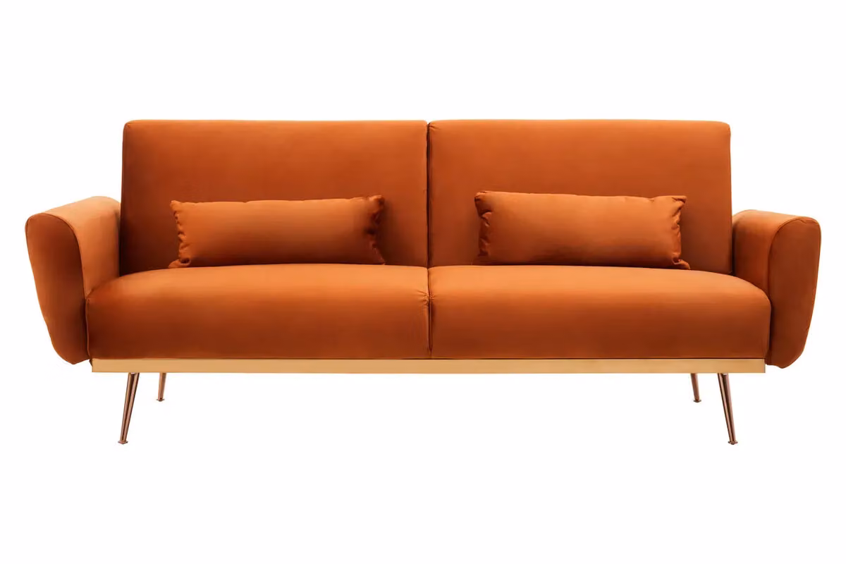 Orsina Burnt Orange Velvet 2 Seater Click Clack Sofa Bed with Gold Metal Legs – 3