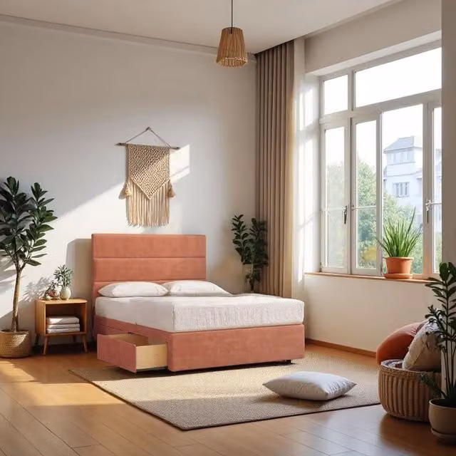 Knight Sleep York Plush Double Bed with Hybrid Mattress, 2 Drawers and 54 inch Floor Standing Headboard in Pink – 1