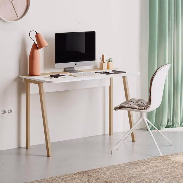 FWStyle Two Tone Freestanding Study and Home Office Desk in White and Natural Oak