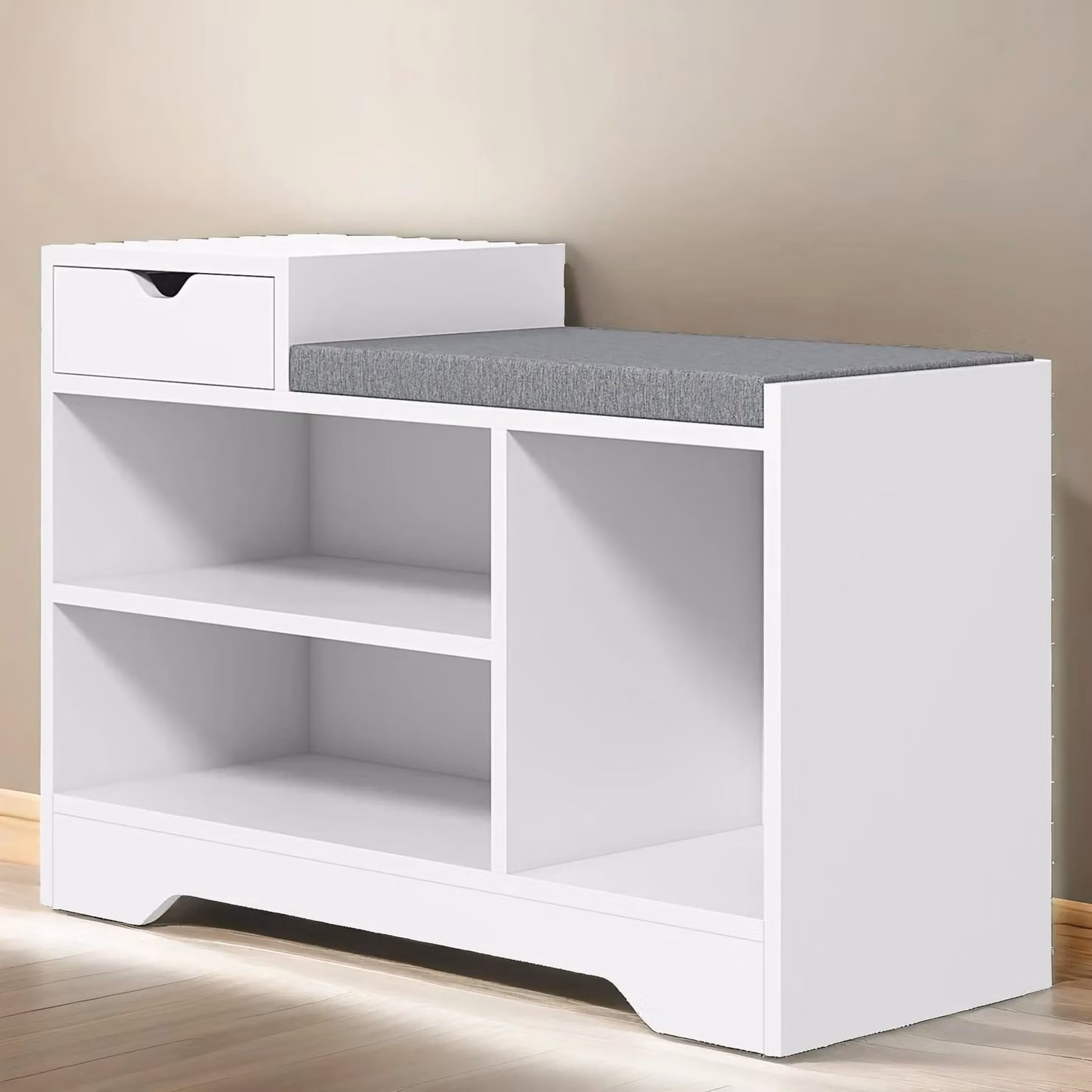 Pirlo Plush Industrial Shoe Storage Bench with 3 Open Shelves in White, W/D/H: 135 x 52 x 30 cm – 4