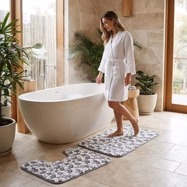 FLAVORA 2-Piece Pebble Stone Memory Foam Bath Mat and WC Pedestal Mat Set in Grey, W/D/H: 180 x 80 x 80 cm – 1