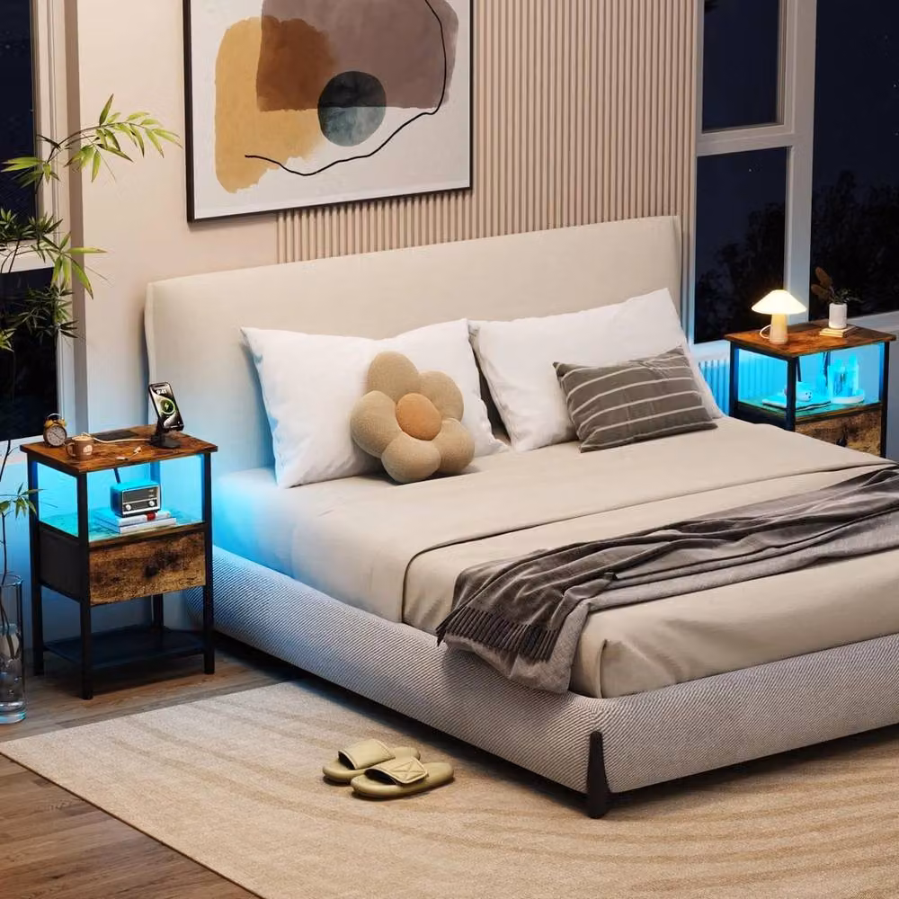 FORGEVIO Set of 2 Brown Industrial Wood Bedside Tables with Integrated Lighting and Charging Station – 4