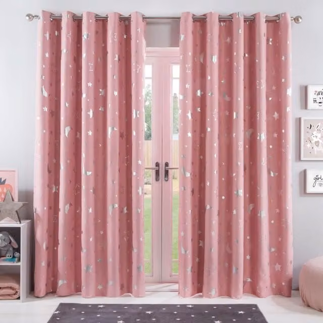 Dreamscene Star Eyelet Blackout Curtains, Pink, Height: 228 cm