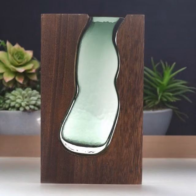 KDMD Modern Glass Vase and Terrarium in Dark Brown Tung Wood
