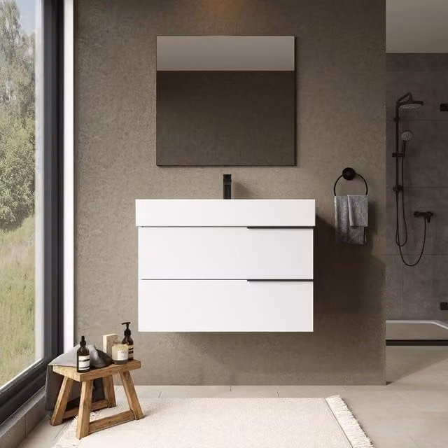 Banyetti Celtic Wall Hung Bathroom Vanity Unit with Veneto 1 Tap Hole Basin, Gloss White, W: 80 cm, D: 45 cm, H: 45 cm
