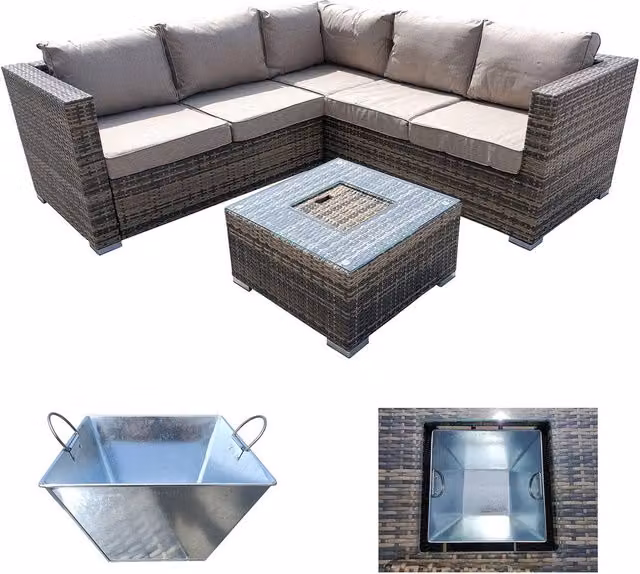 FURNITURE ONE 5 Seater Brown Rattan L-Shape Corner Patio Sofa Set with Outdoor Coffee Table and Upholstered Cushions – 1