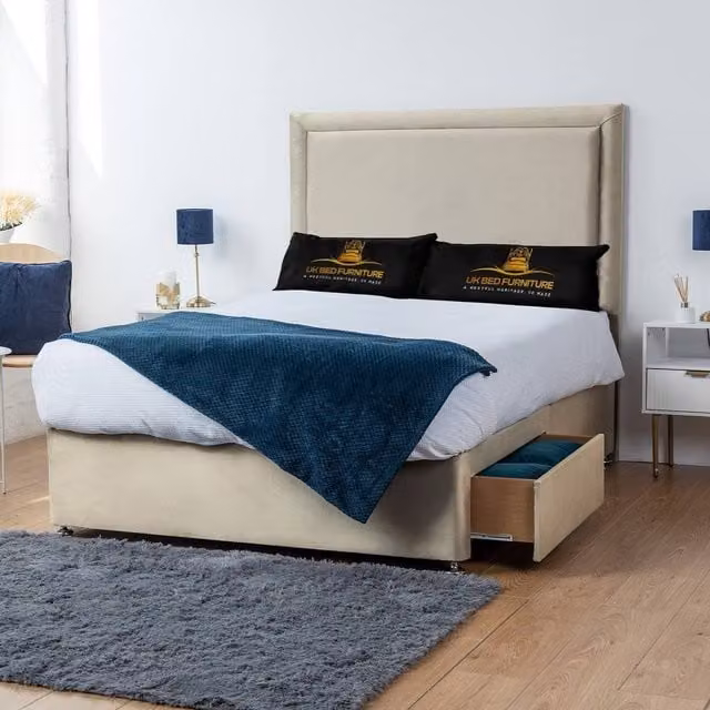 UK Bed Furniture Ascot Small Double Divan Bed with 2 Drawers on Same Side and 26 Inch Headboard in Beige