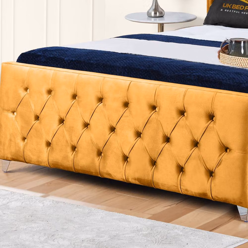UK Bed Furniture Windsor Wingback Upholstered Velvet Slatted Bed in Yellow, W/D/H: 90 x 190 cm – 3