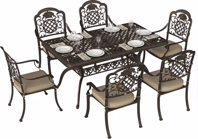 Outsunny Garden Dining Set for 6, Bronze Tone Powder Coated Aluminium Rectangular Table and Chairs with Floral Cushions and Parasol Hole – 1