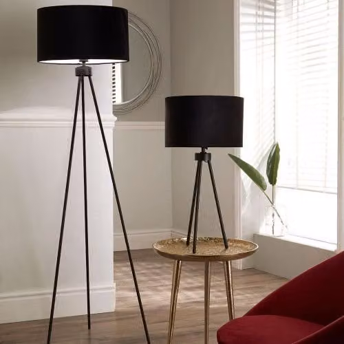 Pacific Lifestyle Minimalist Metal Tripod Floor Lamp in Black and Silver with Fabric Cylinder Shade – 3