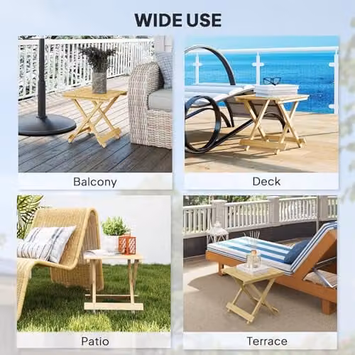 Outsunny Natural Wood Folding Garden Side Table in Brown and Beige, W/D/H: 40 x 43 x 40 cm – 6